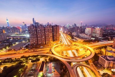 guangzhou huangpu interchange road in nightfall , panoramic view