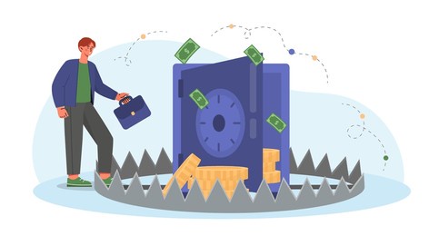 money trap concept. man with briefcse near safe with golden coins. investor and trader. entrepreneur and businessman near mousetrap. cartoon flat vector illustration isolated on white background