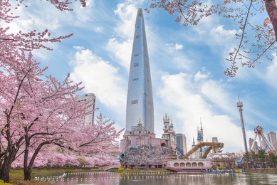 lotte world amusement park and seokchon lake  in spring cherry blossoms bloom in late march-april.  seoul, south korea