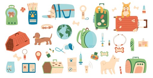 travel with pets set. tourism supplies and accessories for domestic animals elements isolated on white background. pets carrier, collar, passport and id tag. trip with cats and dogs. vector flat.