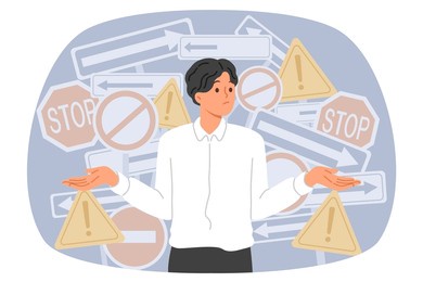 business man feels confused due to lack of qualifications and stands near various road signs. confused guy in confusion thinks about what to do after start of crisis that is destroying business