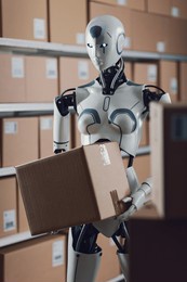 efficient ai robot working in a distribution warehouse and moving delivery boxes, automation and logistics concept