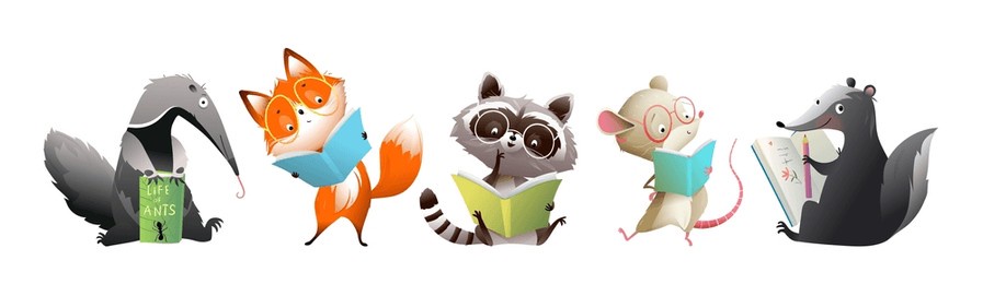 cute animals reading books or study, hand drawn characters for kids. library and literature cartoon for children with fox mouse raccoon and badger reading books. vector animals clip art collection.