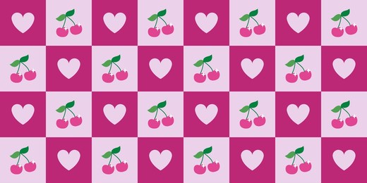checkered cherry with heart seamless pattern in pink colors. vintage y2k print illustration in 2000s for background, textile, wrapping paper, fabric, wallpaper, cover design. vector