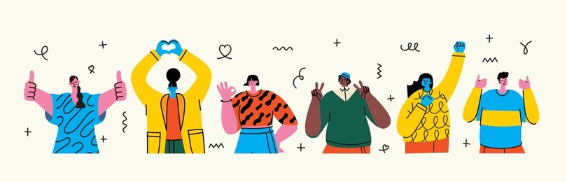 happy positive people. man and woman team gesturing with hands, fingers. love, support, solidarity, ok expressions. flat graphic vector illustration isolated on white background