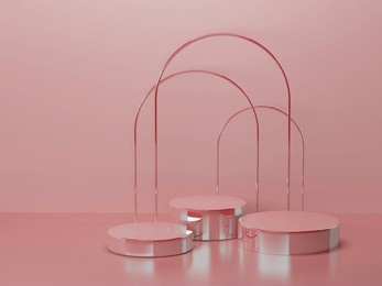 set of three round pink polish glossy pedestals for cosmetic products, arches as mockup on pink background. stage for presentation skin care products, gifts, goods, advertising in sweet luxury style.