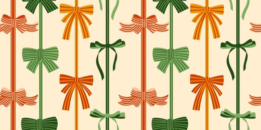 seamless pattern with various cartoon bow knots, gift ribbons. trendy hair braiding accessory. hand drawn vector illustration. holiday background.