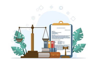 legal advice concept and consultation. law and justice scene. lawyer consultant client, judge knocks with wooden gavel. consideration. flat vector illustration on white background.