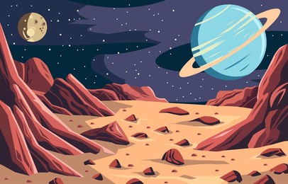 flat design of beautiful landscape in outer space with saturn planet in dark sky