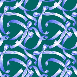seamless pattern of watercolor lavender gift bow, silk ribbon. hand drawn illustration bowtie. painted bowknot elements on green background. for print decoration, fabric, wrapping, wallpaper.