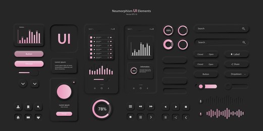 user interface elements for a mobile application in black and pink style. a set of neomorphism-style user interface icons. vector eps 1 0.