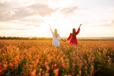 two beautiful women in blooming a field. summer landscape. fashion, style concept.