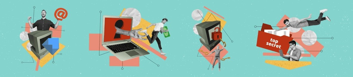 collage 3d image retro sketch of internet connection computer data safety lock protect secrets panorama bizarre unusual fantasy billboard