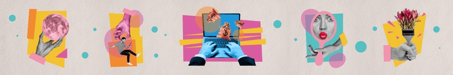 creative collage image of hand hold moon typing earn money mirror pomade brush bouquet panorama bizarre unusual fantasy billboard