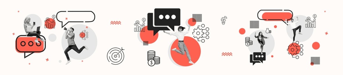 creative poster collage of teambuilding setting work process speech bubble communication panorama weird freak bizarre unusual