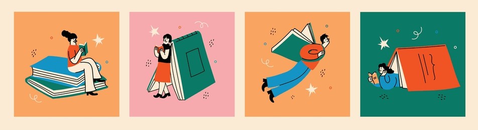 book concepts set. happy readers reading books and flying, laying , sitting everywhere. flat trendy retro vector illustrations isolated on white background