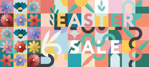 abstract geometric happy easter background for advertising. icons with bunny, flowers and forms. trendy design for banner, background, wallpaper, cover. bauhaus style.