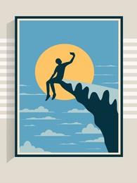 interior wall decoration, man sitting alone on edge of cliff - mountain, taking selfie, holiday travel, dream destination, minimal flat vector illustration