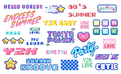 pixel summer text prints: 8bit beach party quote collection - retro y2k vibes, sticker and text labels - endless summer, 80s 90s, cutie, party, new love, high level.