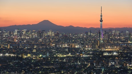 mt fuji and tokyo city with sky tree in the sunset 