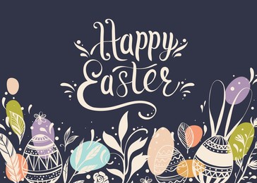 happy easter greeting card with hand-drawn floral elements and lettering

