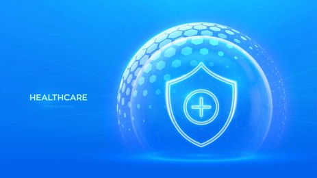 healthcare. health insurance. protection shield cross icon inside transparent dome sphere with hexagon pattern on blue background. health care and medical services concept. vector illustration.