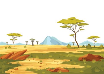 african savannah landscape, wild nature of africa, cartoon background with green tree, rocks and plain grassland field under blue clear sky. kenya panoramic view, parallax scene, vector illustration