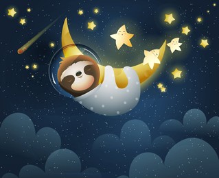 sloth cosmonaut sleeping on the shiny golden moon, cosmic background with clouds and stars. cute sleeping sloth on the moon at starry night. illustration for children and little kids.