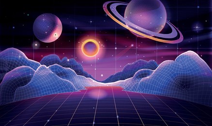 retro futuristic landscape with planets, neon sun, starry sky, grid mountains. vector illustration of digital retro sci fi cyber purple surface with laser perspective in 80s synthwave retrowave style.