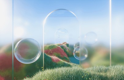 abstract spring flower landscape scene with water bubbles. 3d rendering.