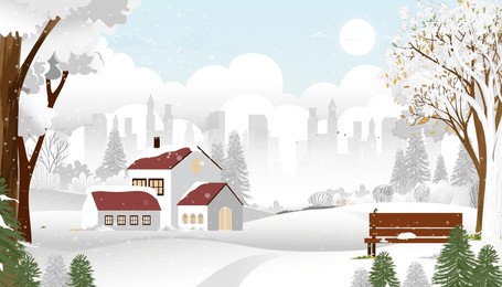 christmas background,winter landscapes blue sky,cloudscape,city park with cat sleeping on bench in the morning,vector cartoon night in the garden urban park with clouds,sky background