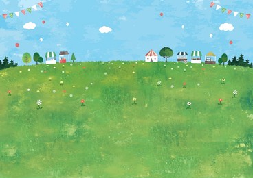 flea market stalls and a view of the meadow watercolor