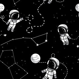 hand drawn astronauts with constellations and planets in spa?e, starry background, cosmic seamless pattern, vector illustration