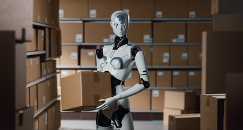 ai robot working in a distribution warehouse: logistics and automation concept