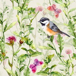 small bird in spring meadow grass and flowers with butterflies. repeating pattern. watercolor