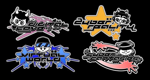 retro y2k logo. abstract colorful graphic with cyber characters, streetwear t-shirt slogan typography style logo. vector set