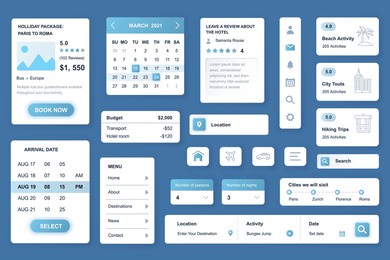 user interface elements set for travel agency mobile app or web. kit template with hud, calendar, tour information, destinations, hotel review, search trip. pack of ui, ux, gui. vector components.