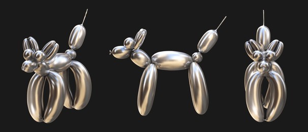 set of balloon dogs in different poses, bubble sticker. vector 3d illustration in liquid chrome metal color. trendy retro y2k style.