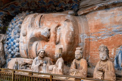 rock sculpture of the 31m sleeping buddha statue of sakyamuni entering nirvana, dazu rock carvings, unesco world heritage site, chongqing municipality, fujian province, china, asia