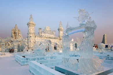 spectacular ice sculptures at the harbin ice and snow festival in harbin, heilongjiang province, china, asia