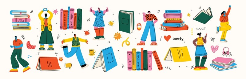 book concepts set. happy readers reading books and flying, laying , sitting everywhere. flat trendy retro vector illustrations isolated on white background