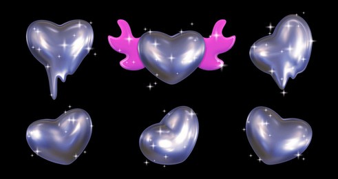 set of 3d chrome hearts in y2k style. balloon metal hearts from different angles, a heart with pink wings with sparkles on a dark background.vector.