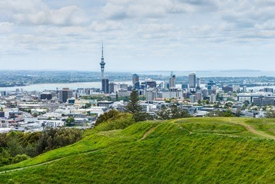 auckland skyline looking from the top of mount eden, new zealand