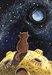 
red cat sits on the moon