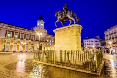 madrid, spain dawn scene at puerta del sol.