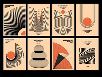 set of 20s minimalistic geometric posters inspired postmodern of vector abstract dynamic symbols with bold geometric shapes, useful for web background, poster art design, hi-tech print, cover artwork