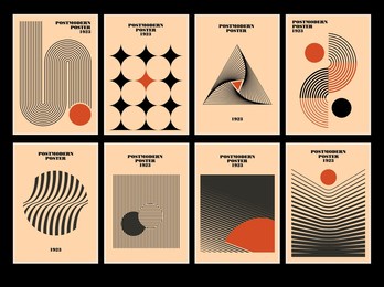 set of 20s minimalistic geometric posters inspired postmodern of vector abstract dynamic symbols with bold geometric shapes, useful for web background, poster art design, hi-tech print, cover artwork