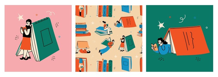 book concepts set. happy readers reading books and flying, laying , sitting everywhere. flat trendy retro vector illustrations isolated on white background