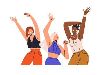 happy excited girls dancing at party. young women friends celebrating, rejoicing with arms up. girlfriends having fun and celebration at disco. flat vector illustration isolated on white background
