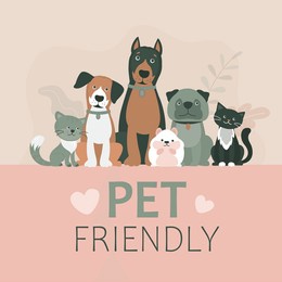adorable dogs, hamster and cats, pets friendly banner, sticker or label. sign symbol of domestic pets allowed and accepted. cute animals and poster with text. flat vector illustration